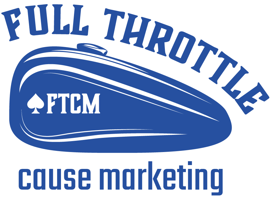 Blue and white gas tank with the words Full Throttle Cause Marketing around the gas tank